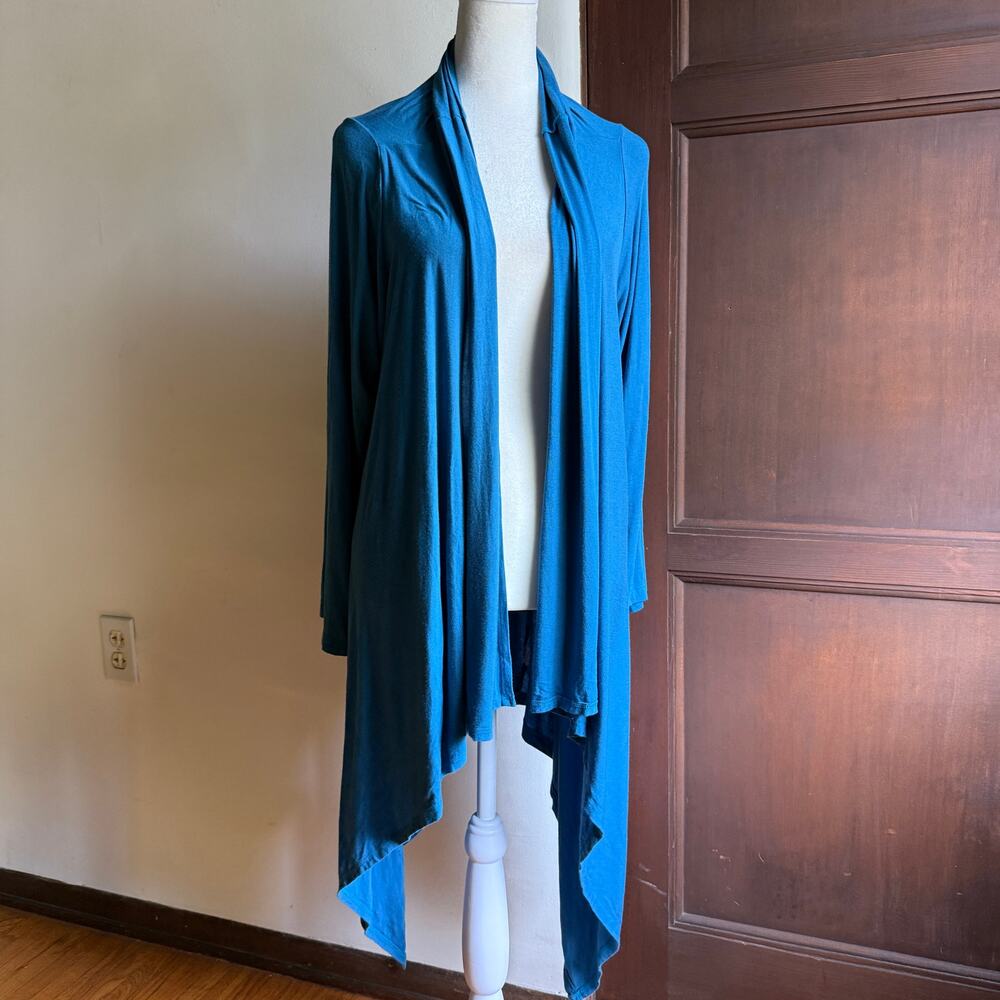 BRYN WALKER | Teal Blue Soft Micromodal Open Front Drapey Tie Cardigan Medium